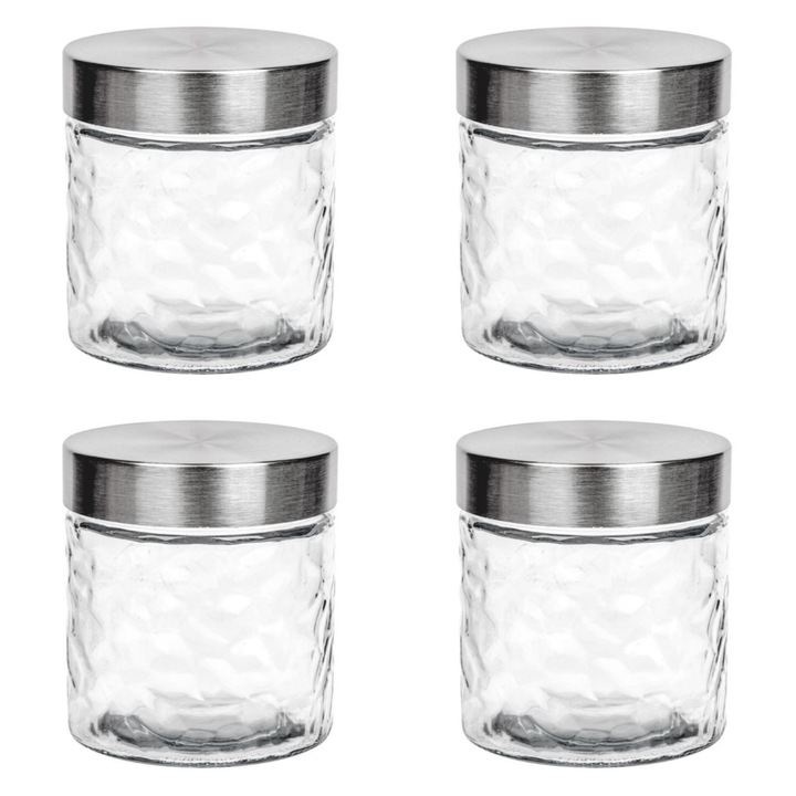 Set 4 borcane cu capac, model in relief, metal/sticla, argintiu/transparent, 800ml, 11x12cm