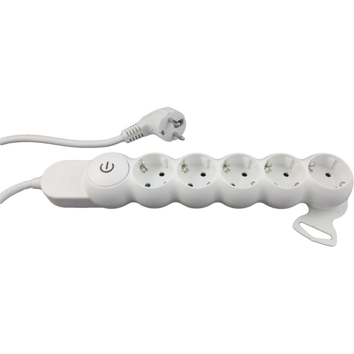 Prelungitor 5 prize, protectie copii, cablu tip H05VV-F 3G1.5mm, contact cupru, cu intrerupator, cordon 1.5 m, alb