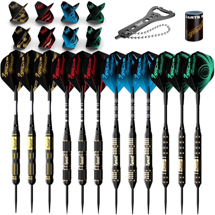 Set cu 12 sageti cu varf metalic pentru jocul de darts clasic, corpuri din alama de 18, 20, 22, 24 grame, tije din aluminiu si aripioare Standard si Slim in patru culori, ascutitoare si cheita pentru darts, Mega Blast