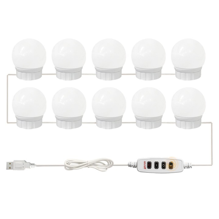 Set 10 Becuri LED pentru Oglinda de Machiaj cu 3 Moduri de Iluminare, DIY, 4W, 2m, USB, Alb