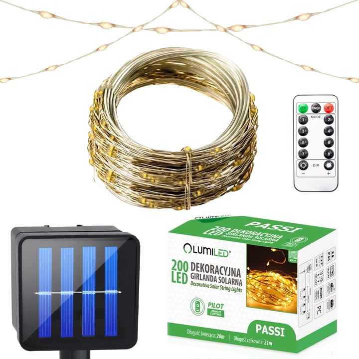 Градинска соларна гирлянда 200x декоративна LED PASSI, 21 м, топла 3000K + LUMILED дистанционно управление