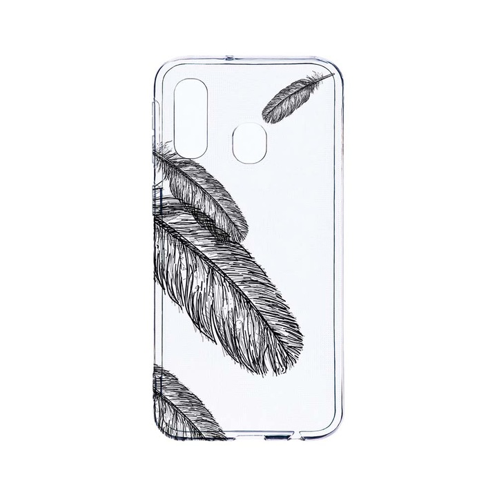 Husa BestCase® Clear Silicon 2MM, Compatibila Cu Samsung Galaxy A40, Feathers BW, Antisoc, Protectie Camera, Margini ridicate pentru protectia ecranului, T 18