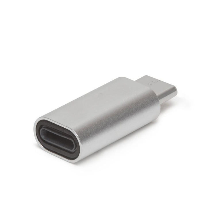 Adaptor Mercaton® Lightning / Type-C compatibil cu toate dispozitivele echipate cu USB Type-C, pentru redare muzica, transfer date, 5A, Argintiu, 2.3 x 1.2 x 0.7 cm