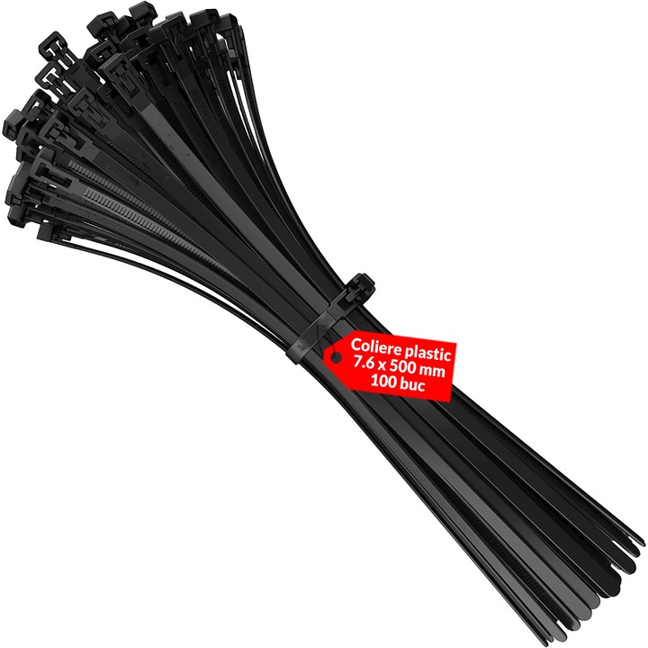 Set 100 de bucati coliere din plastic (soricei) 500 mm x 7.6 mm, culoare negru