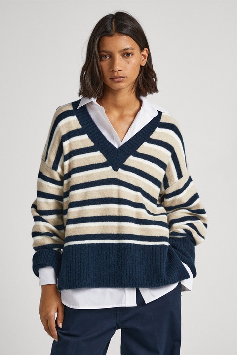 Pepe Jeans London, V-nyakú csíkos pulóver, Fehér/Bézs/Tengerészkék, XS