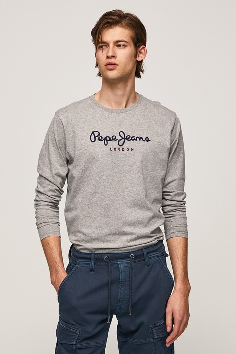 Pepe Jeans London, Памучна блуза с лого, Сив меланж