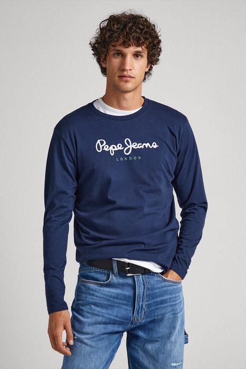 Pepe Jeans London, Памучна блуза с лого, Тъмносин