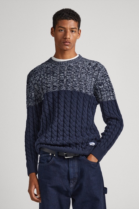 Pepe Jeans London, Colorblock dizájnú csavart kötésmintás pulóver, Fehér/Tengerészkék