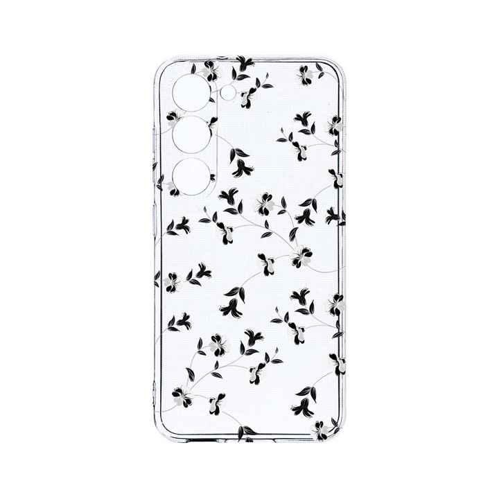 Husa BestCase® Clear Silicon 2MM, Compatibila Cu Samsung Galaxy S23 Plus, Black Flower, Antisoc, Protectie Camera, Margini ridicate pentru protectia ecranului, T 128