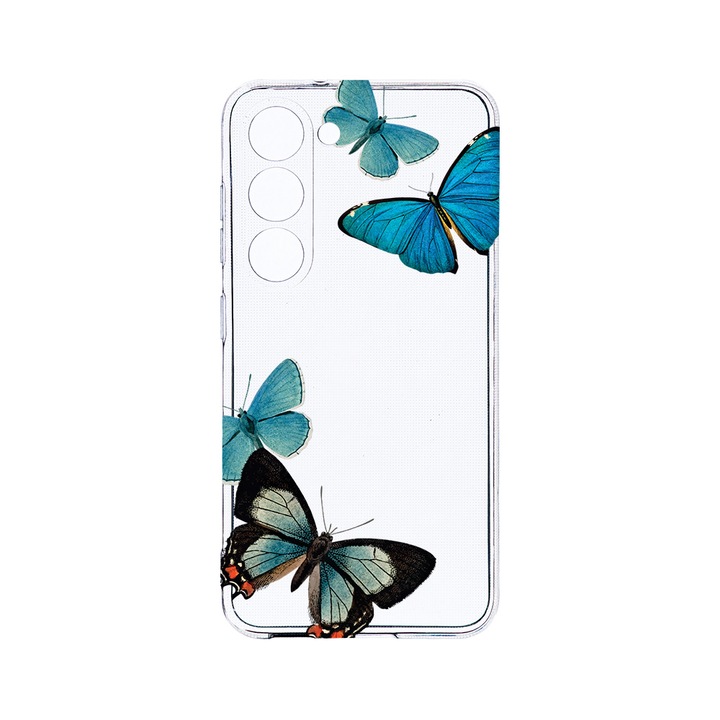 Husa BestCase® Clear Silicon 2MM, Compatibila Cu Samsung Galaxy S23 Plus, Beautiful Blue Butterflies, Antisoc, Protectie Camera, Margini ridicate pentru protectia ecranului, T 991