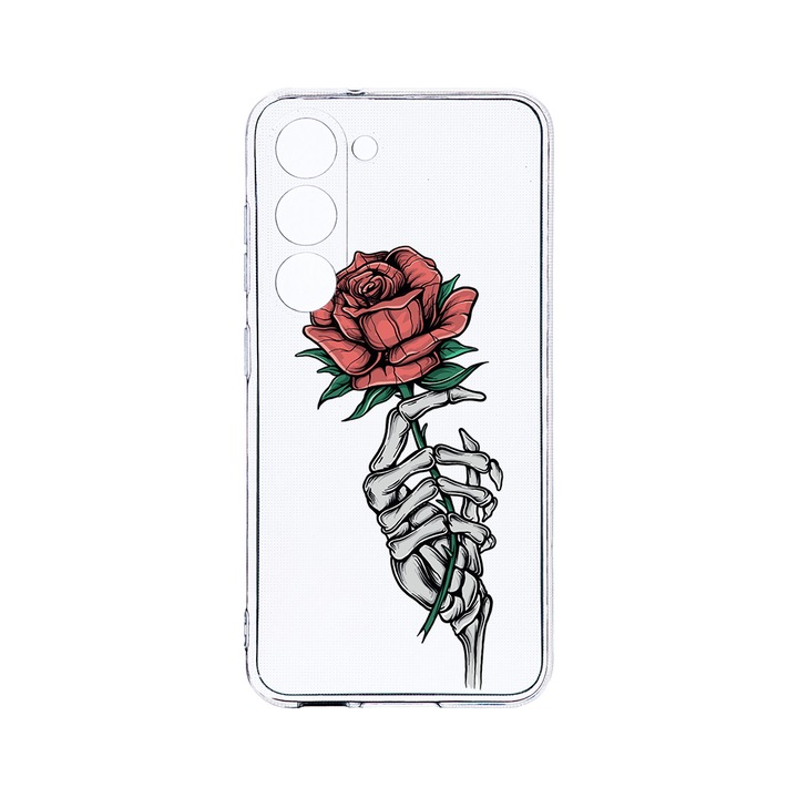 Husa BestCase® Clear Silicon 2MM, Compatibila Cu Samsung Galaxy S23, Rose In Skeleton Hand, Antisoc, Protectie Camera, Margini ridicate pentru protectia ecranului, T 1023