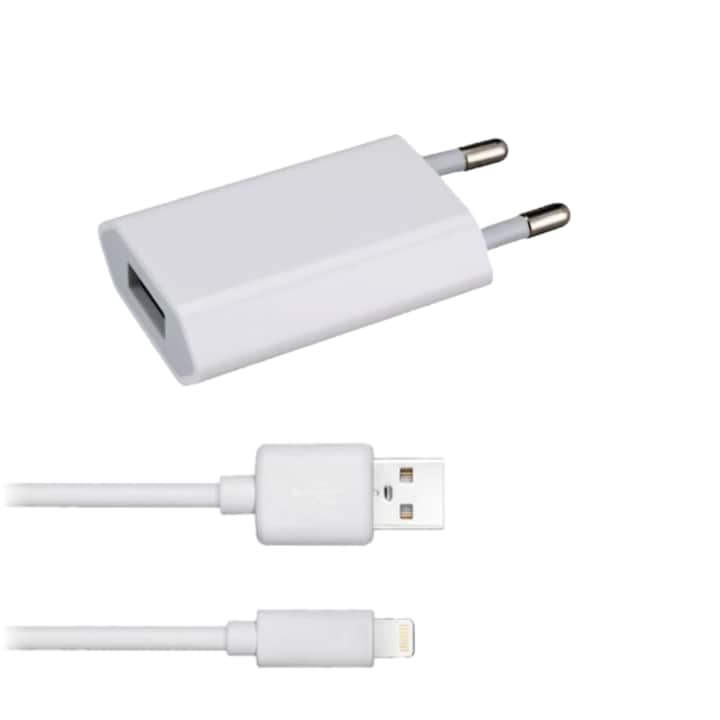 Универсално USB A мрежово зарядно устройство, бързо зареждане и USB A към Lightning кабел за данни, 18w, бързо зареждане, съвместимо с Apple iPhone 11 Pro Max, 1 метър, бял