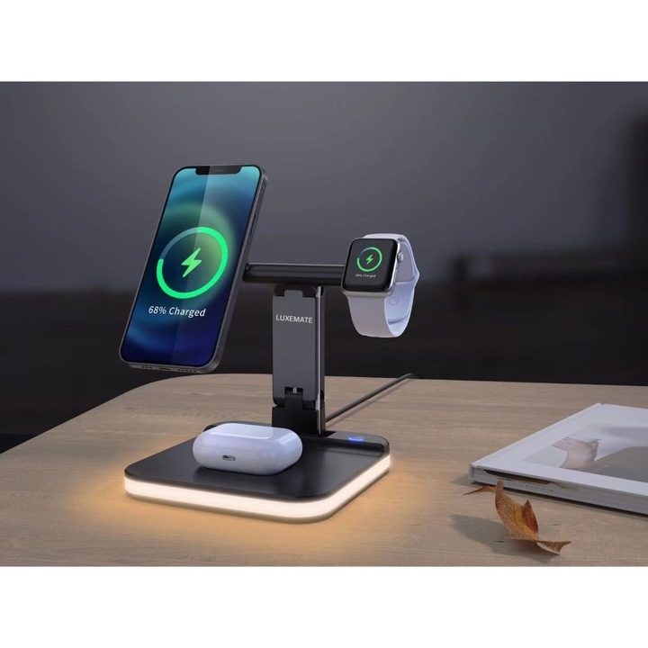 Incarcator Wireless, Statie de incarcare 3 in 1, FAST CHARGER 15W LUXEMATE, Compatibil cu toate modelele de Iphone, Airpods, Apple Watch, Android, Samsung, Huawei, Sony Xperia, Xiaomi, Negru