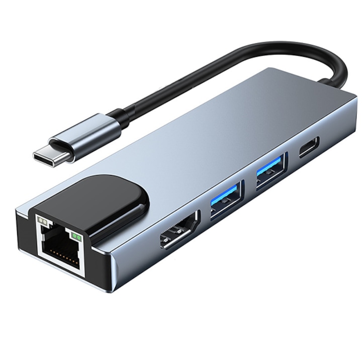 Adaptor Hub 5 in 1 cu Mufa de intrare Type-C, 1 HDMI 4k/30HZ, 1 Port USB 3.0, 1 Port USB 2.0, 1 Port Type-C, Mufa pentru Ethernet