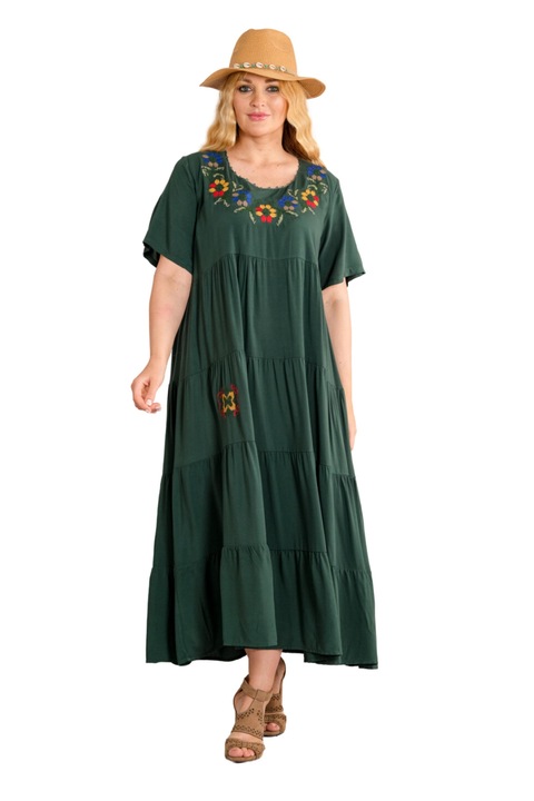 Бохо шик зелена рокля с флорална апликация на бюста, Зелен, One Size