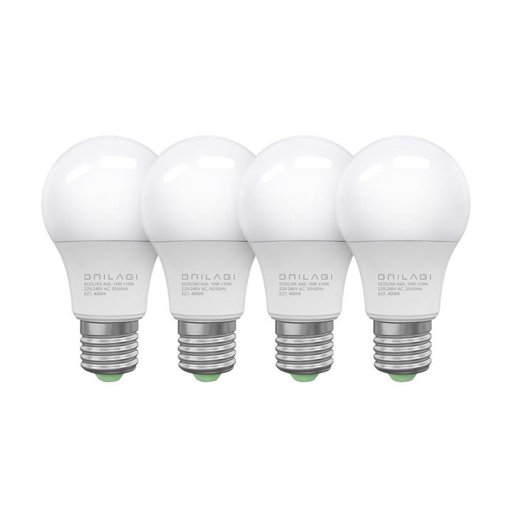 Set 4 Becuri LED, BRILAGI, ECOLINE A60, E27, 10W, 230V, 4000K, Clasa F