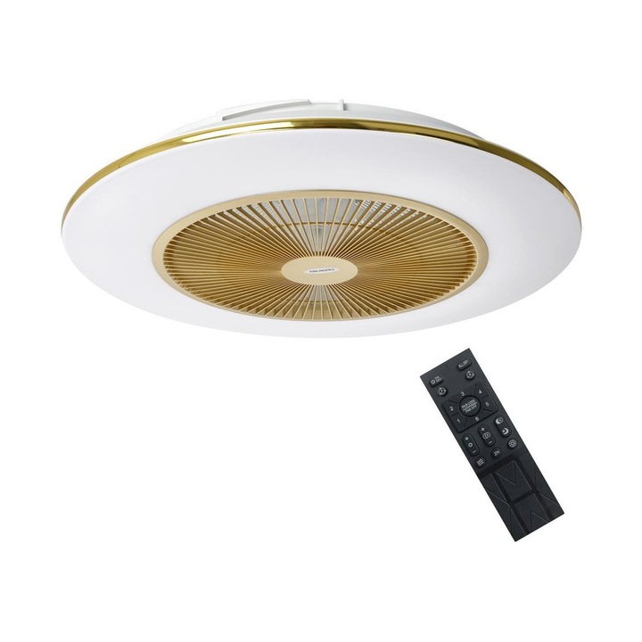Plafoniera cu ventilator Brilagi, alb/auriu, 15cm, 38W, telecomanda, 6 viteze