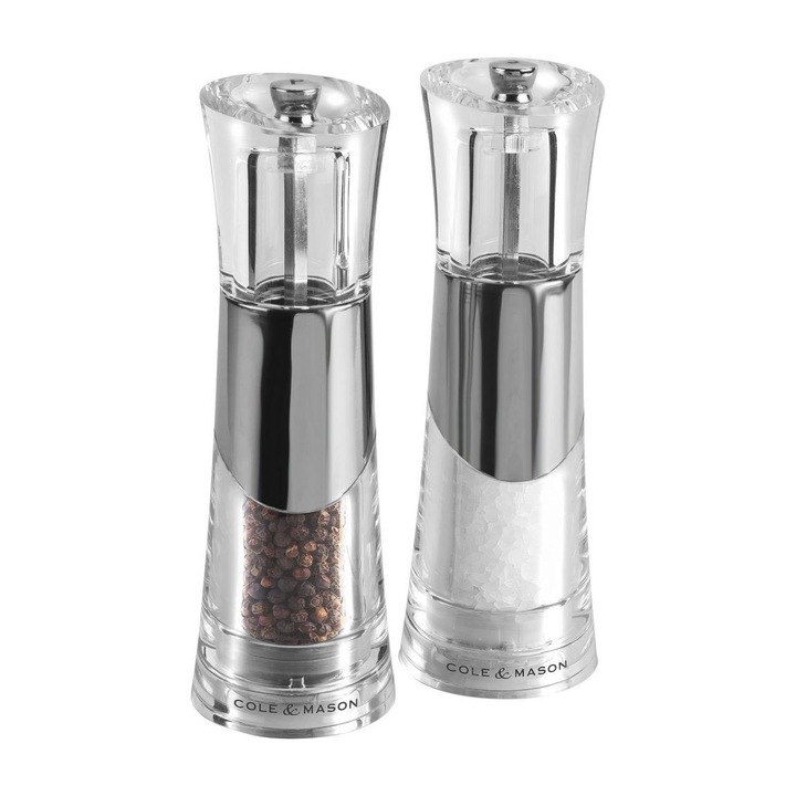Set 2 rasnite pentru piper si sare BOBBI, Cole&Mason, Metal/Plastic, Crom/Transparent, 18,5 cm