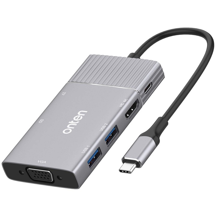 Hub USB-C Onten OT-95113, 2 x USB-A - USB-C - HDMI - VGA - SD - microSD - Jack 3.5mm, Gri