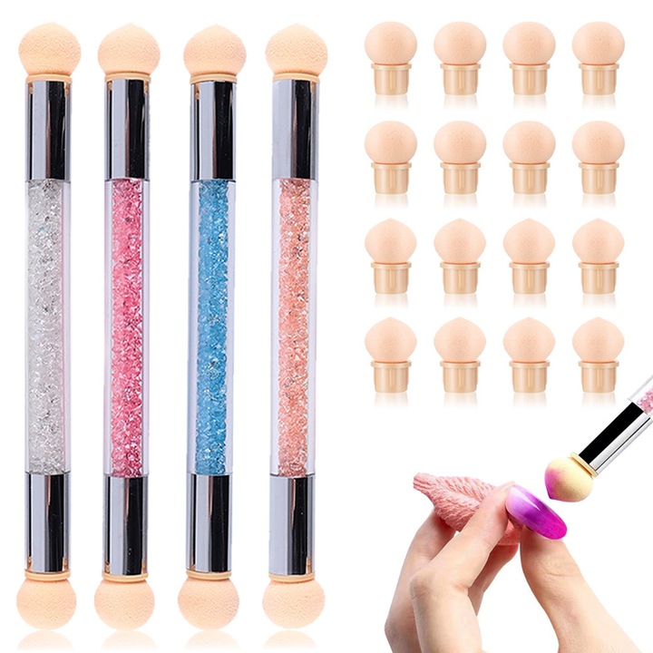 4 db QttvbTna körömkefe készlet, dupla fejű, gradiens, strassz fogantyú, többszínű