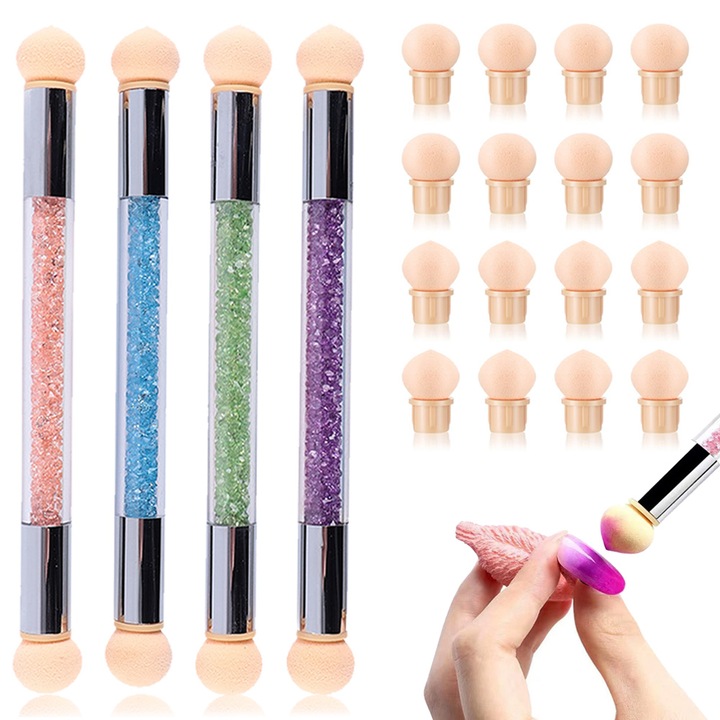 4 db QttvbTna körömkefe készlet, dupla fejű, színátmenetes, strassz fogantyú, többszínű