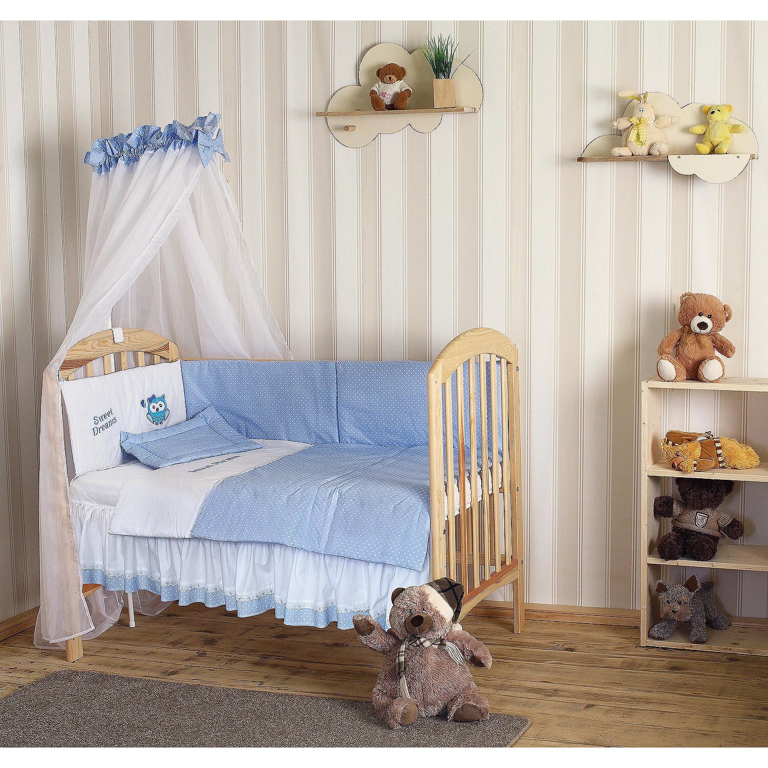 Lenjerie 6 piese cu baldachin, owl, albastru 120 x 60 cm