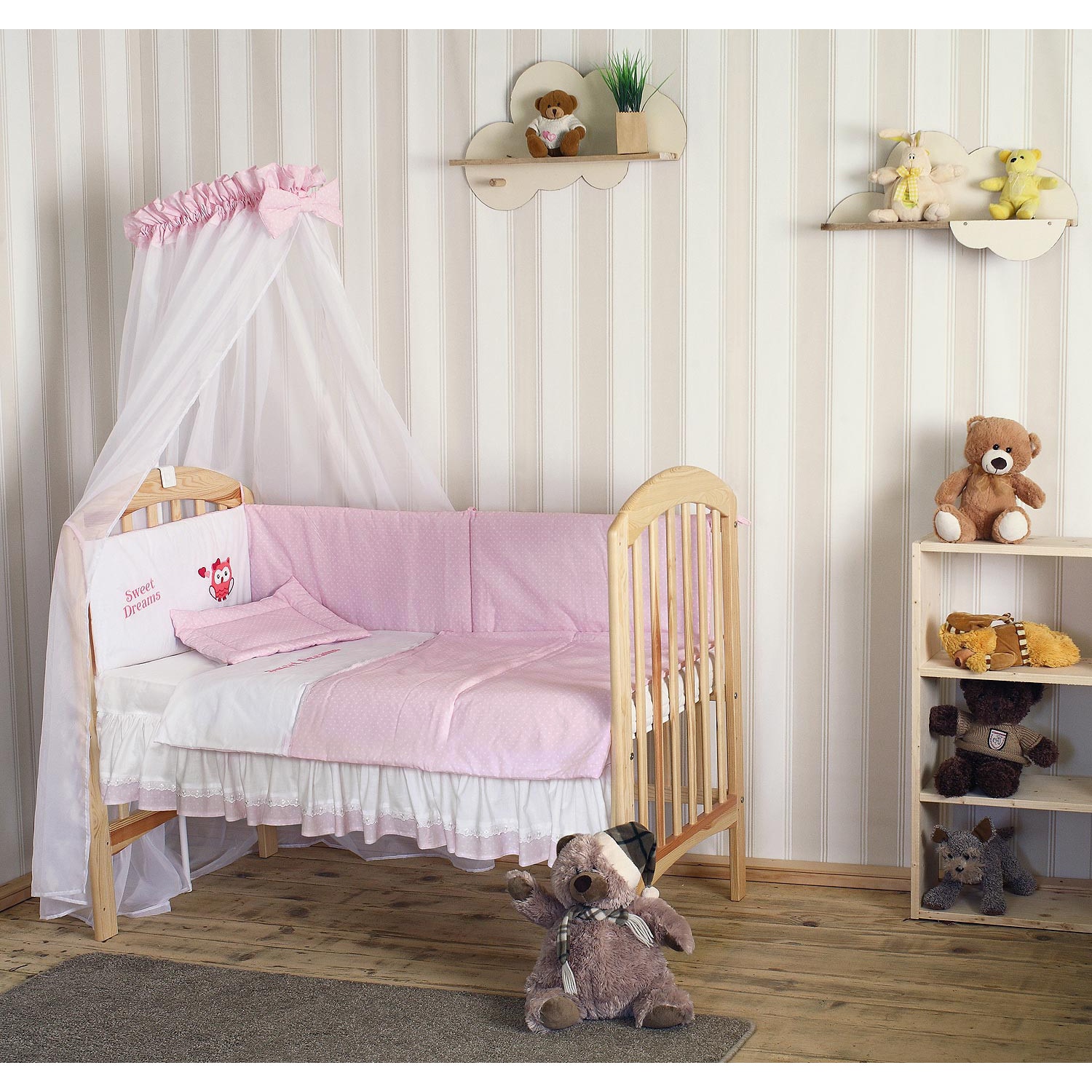 Lenjerie 6 piese cu baldachin, owl, roz 120 x 60 cm