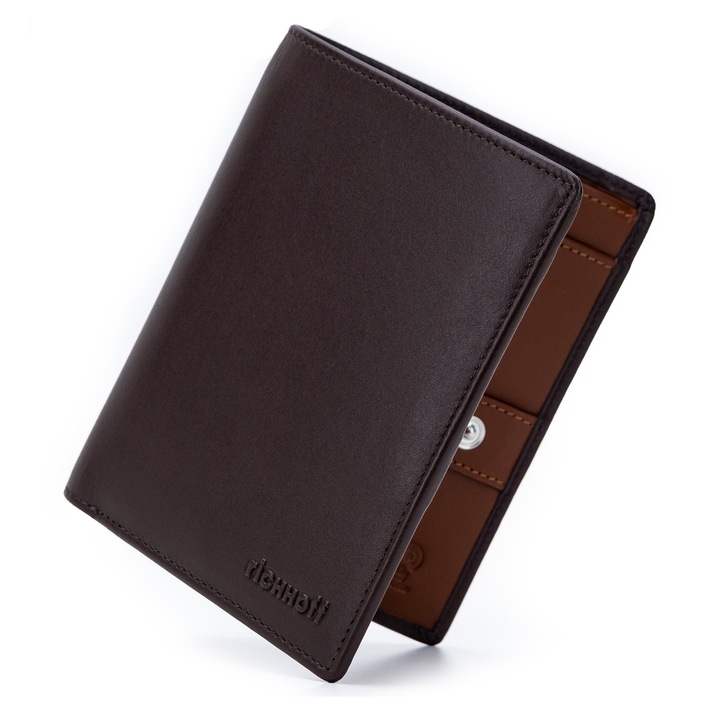 Portofel modern slim vertical barbati, Richhoff, protectie RFID, piele naturala premium, compartimente pentru CI si talon auto, ambalat in cutie cadou, culoare maro/cognac