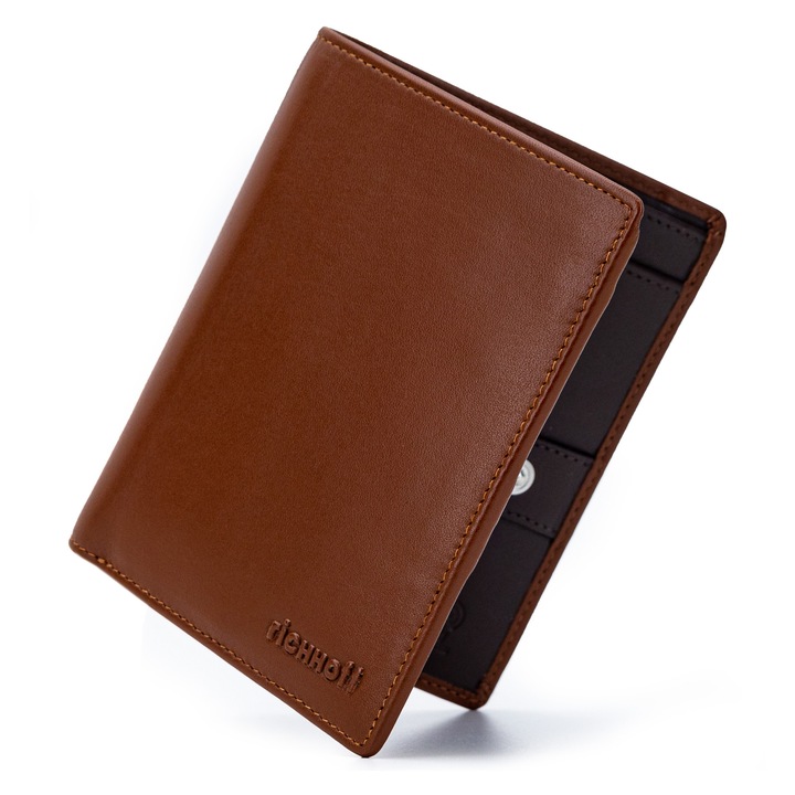 Portofel modern slim vertical barbati, Richhoff, protectie RFID, piele naturala premium, compartimente pentru CI si talon auto, ambalat in cutie cadou, culoare cognac/maro