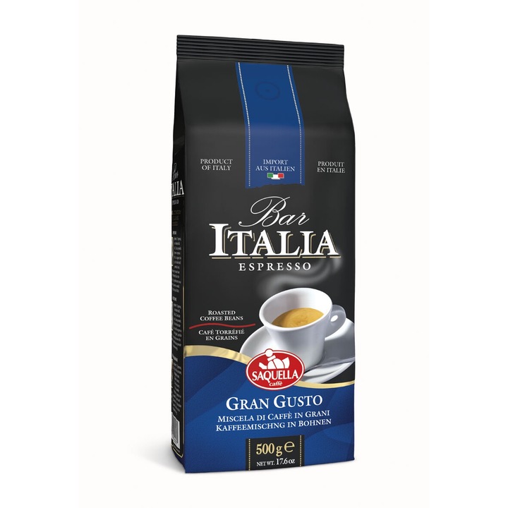 Cafea boabe, Saquella Bar Italia Gran Gusto, punga 500g, amestec Arabica si Robusta, gust intens, note fine de ciocolata, intensitate 5/5