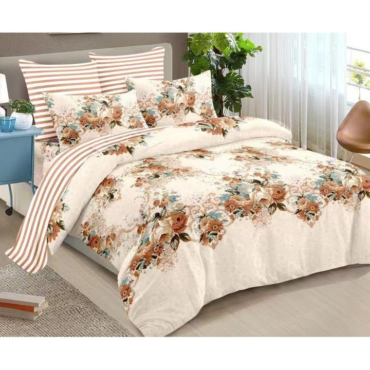 Lenjerie de pat dublu, cearsaf cu elastic, Finet, 6 piese, 2 persoane, imprimeu Flori Bej, 180x200cm, Bej-Alb Unt