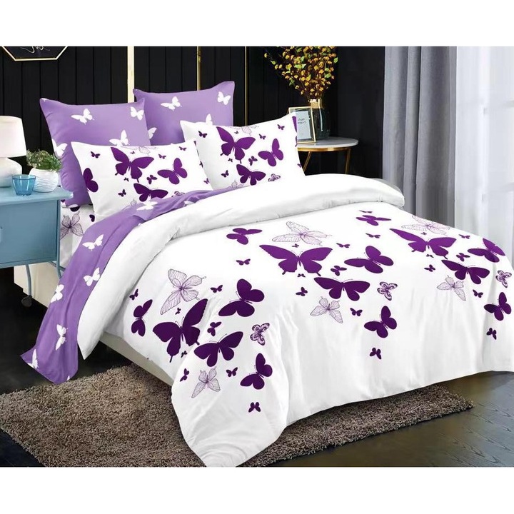 Двойно спално бельо, чаршаф с ластик, фино, 6 части, 2 лица, щампа лилави пеперуди, 180x200 см, бяло-лилаво
