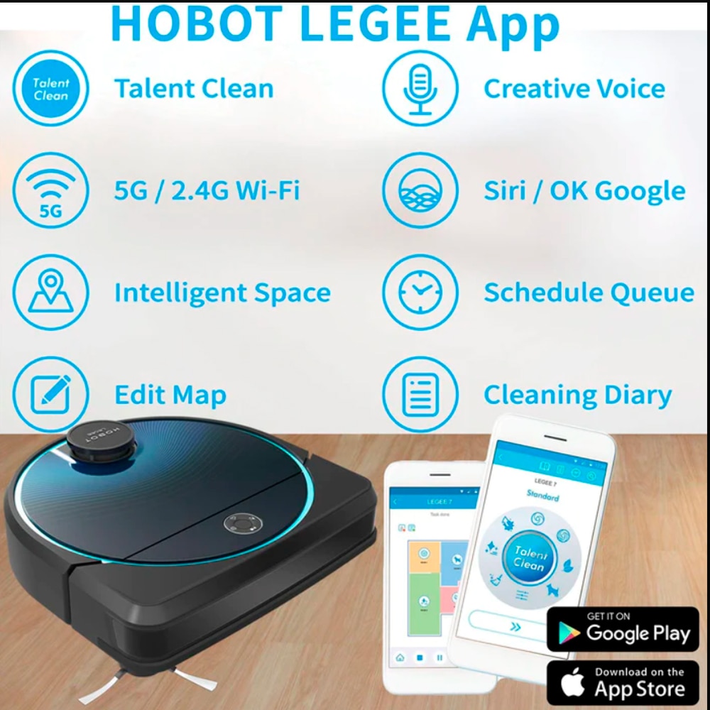 Robot aspirator Mop HOBOT LEGEE 7, Memorare Harta, Forta Mop, 5G si 2.4G W-Fi, Siri/ok Google, Curatare pe camere