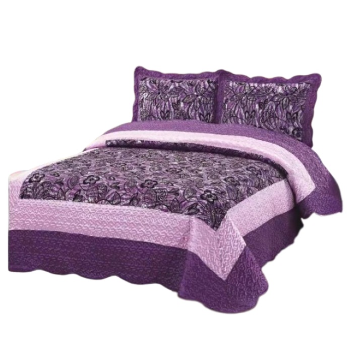 Cuvertura de pat dublu, Matase tip Organza, 3 piese, 2 persoane, 230x250cm, Mov