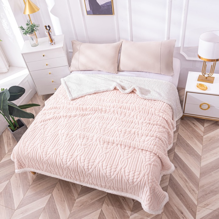 Patura Cocolino cu blanita tip Tricotaj impletit, 200x230 Roz Perlat