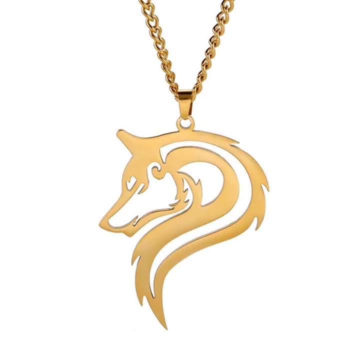 Lant, model lup majestic, pandantiv cap de lup, unisex, auriu, EFAYN