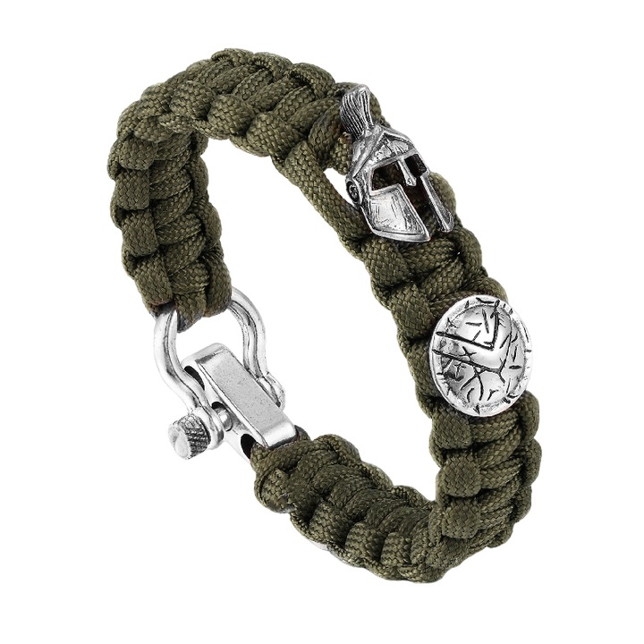 Bratara barbati, model impletit, pandantiv casca si scut razboinic spartan, dimensiune fixa, verde, EFAYN
