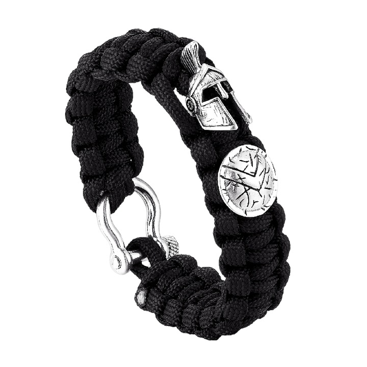 EFAYN.RO férfi karkötő, fonott mintás, spártai harcos, sisak és pajzs medál, fix méret, fekete/ ezüst