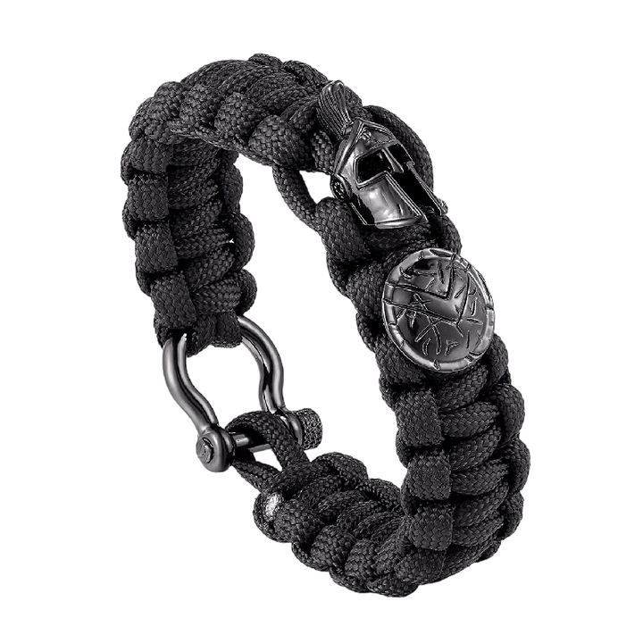 Férfi karkötő, fonott mintás, Spartan harcos sisak és pajzs medál, fix méret, fekete, EFAYN