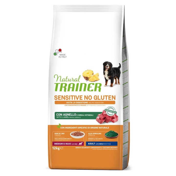 Суха храна за кучета Natural Trainer Dog Sensitive Gluten Free Medium-Maxi Adult Lamb, 12 кг