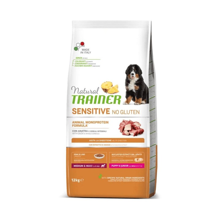 Суха храна за кучета Natural Trainer Dog Sensitive Gluten Free Medium-Maxi Puppy & Junior Rata, 12 кг