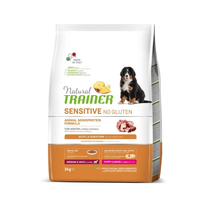 Суха храна за кучета Natural Trainer Dog Sensitive Gluten Free Medium-Maxi Puppy & Junior Rata, 3 кг