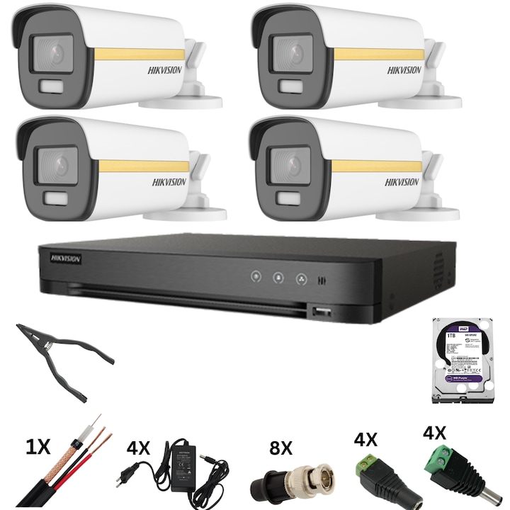 Sistem de supraveghere video 4 camere Hikvision ColorVU 5MP lumina alba 20m, DVR 4 canale, accesorii, hard disk 1TB