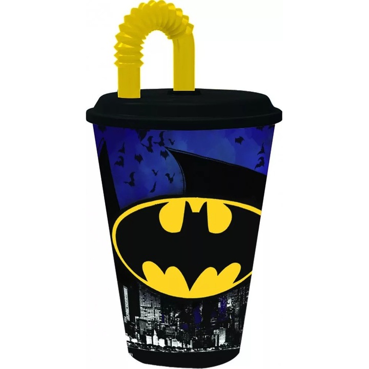 Pahar din plastic cu capac si pai BATMAN 430ml, 85540