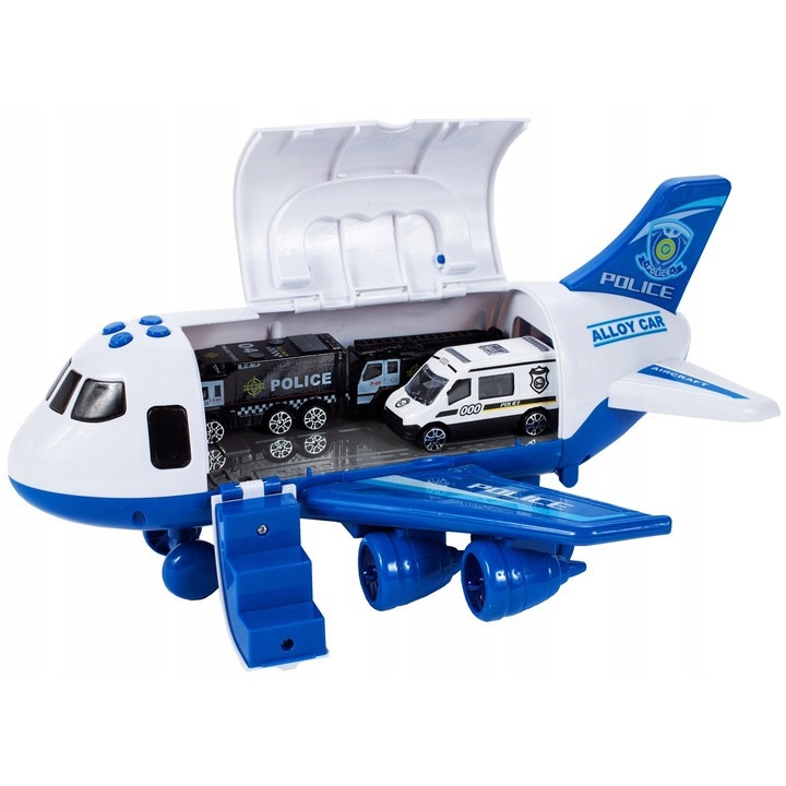 Set Avion Interactiv de Jucarie cu 3 Vehicule, Police Transport Car, Efecte Sonore si Luminoase, 30 x 6.5 x 14.5 cm, Blue