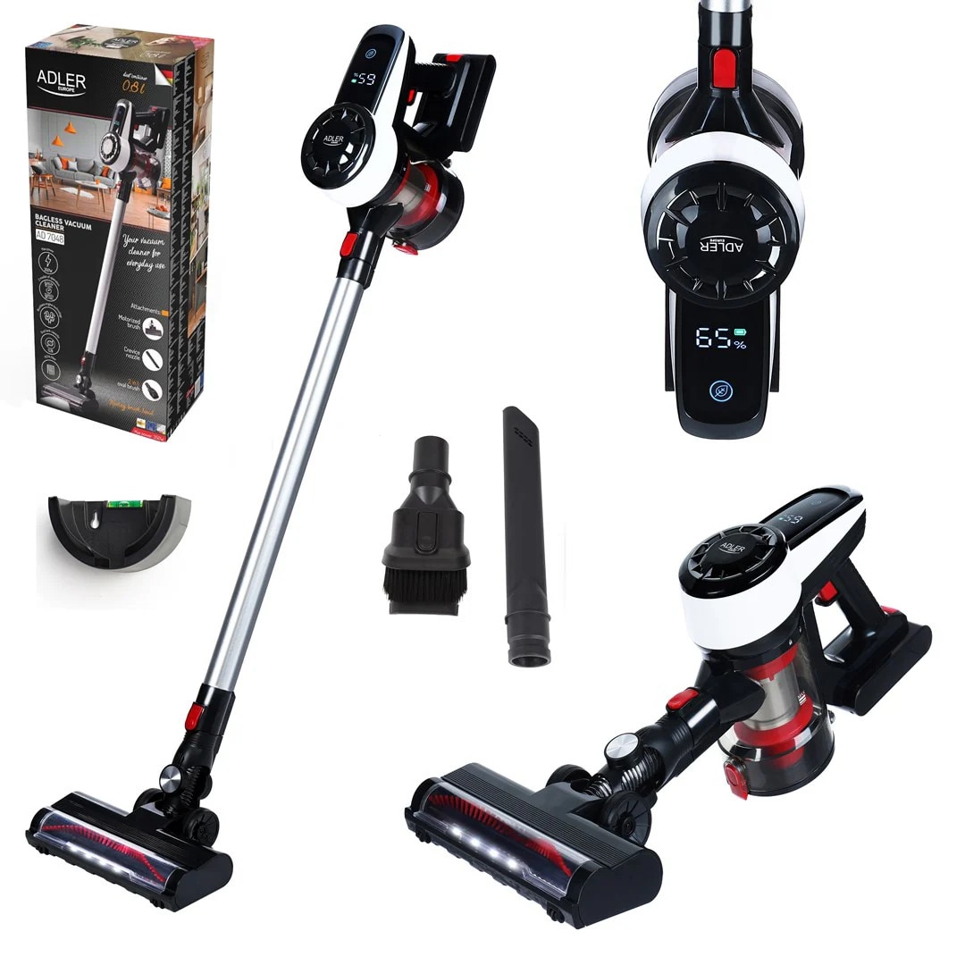 Aspirator Vertical Fara Fir, Adler, AD7048, 350 W, 18 kPa, Acumulator 2000 mAh, Afisaj LED, Recipient Pentru Praf 0.8 L, Negru/Alb