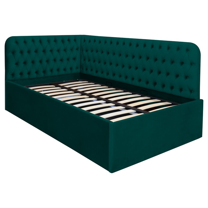 Pat dublu tapitat Disney dreapta, cu nasturi 140/200 verde, cu somiera metalica rabatabila si spatiu de depozitare