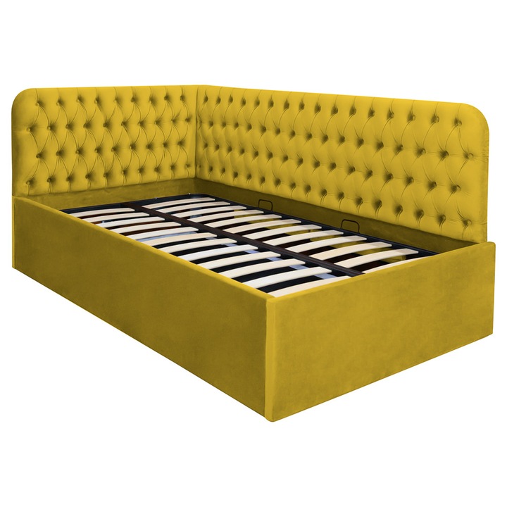 Pat tapitat pe colt dreapta Disney nasturi, 120/200, galben mustar, cu somiera metalica rabatabila si spatiu de depozitare