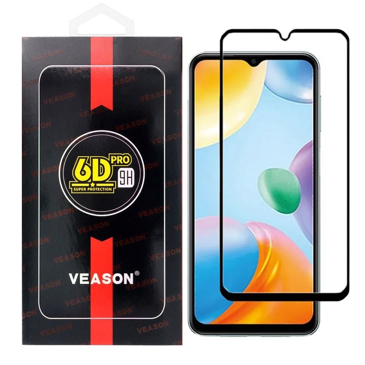 Xiaomi Redmi 12C / Redmi 10C / Poco C40 kompatibilis üvegfólia, előlapi, edzett, hajlított, fekete kerettel, Veason 6D Pro