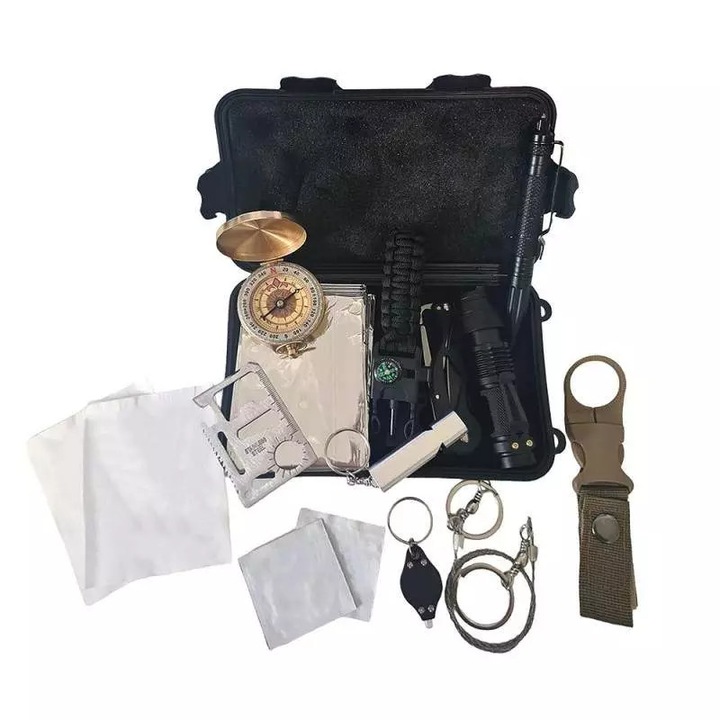 Kit Supravietuire 12 In 1 SIKS, Ustensile Multifunctionale Incluse, Ideal pentru Pentru Excursii, Drumetii, Camping, Pescuit, Vanatoare, Calatorii, Trusa Impermeabila pentru Transport Inclusa, Negru